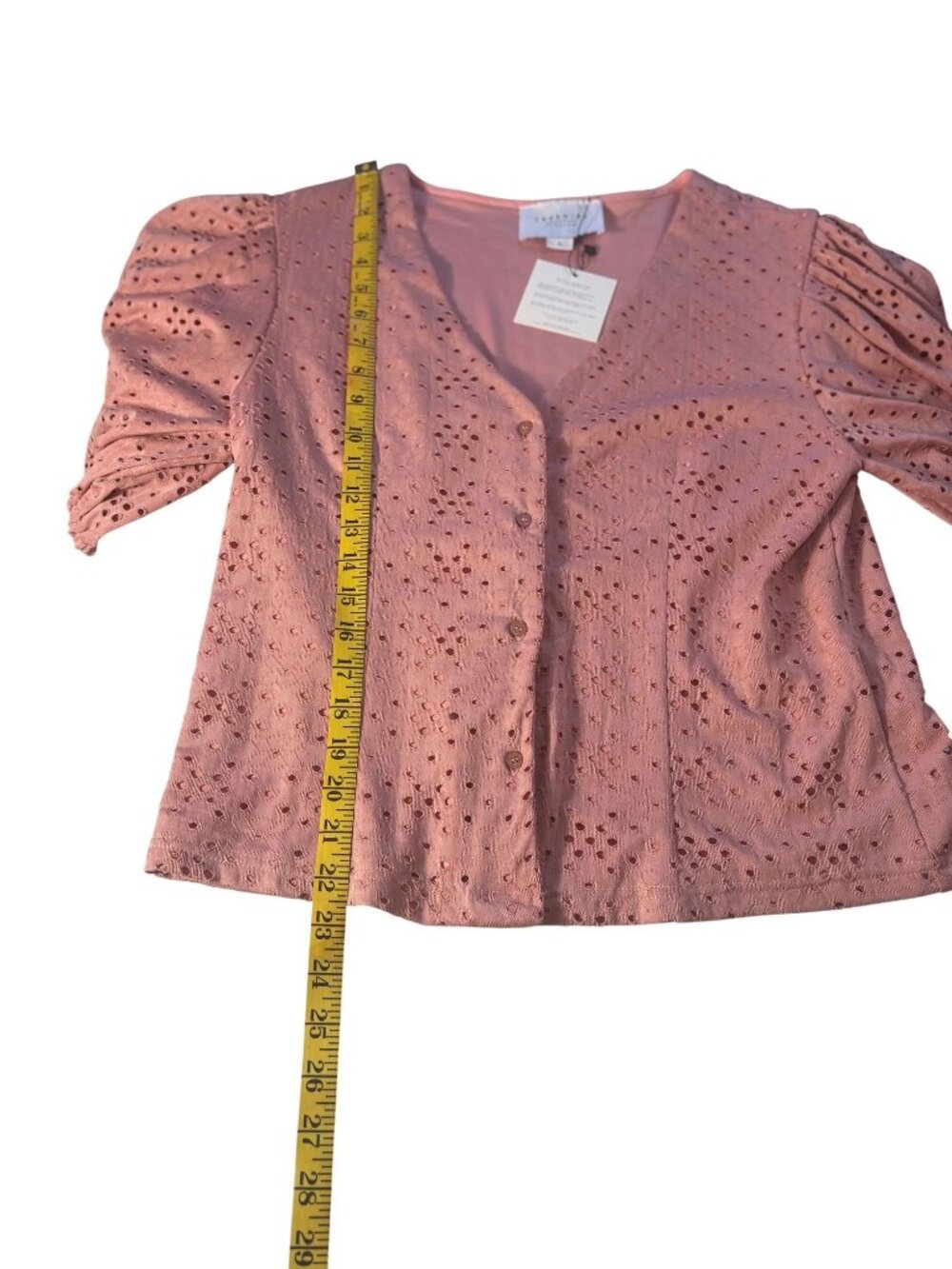 The Shirt Rochelle Behrens Dusty Rose Eyelet Puff Sleeve Button-Down Top Large - Picture 6 of 10